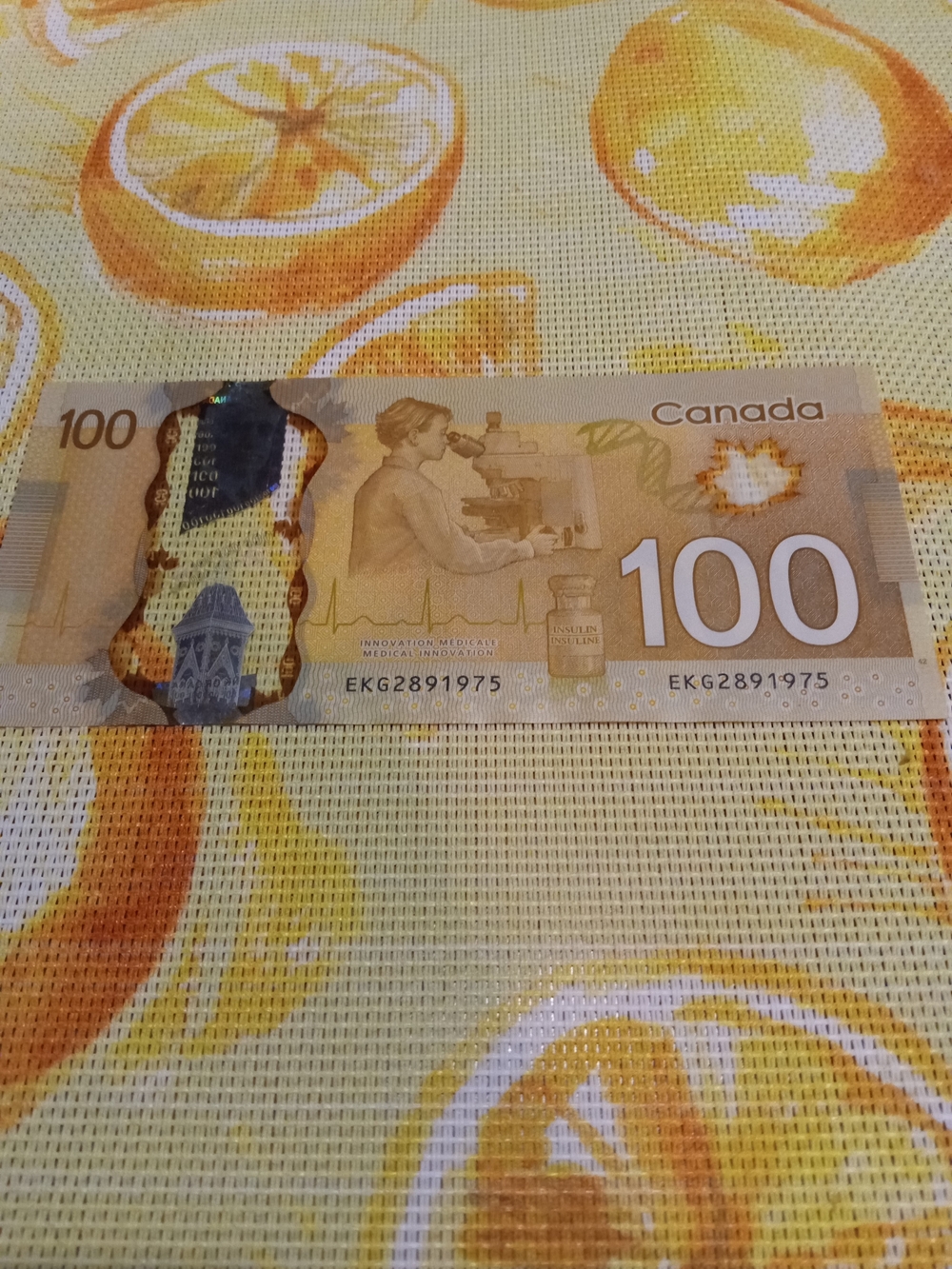 Birthday Serial Number Canadian $100 Banknote - Yellow/Gold
